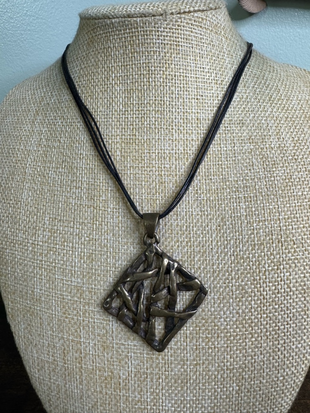 Chico's Bronze-Tone Woven Square Pendant Necklace with Black Multi-Strand Cord
